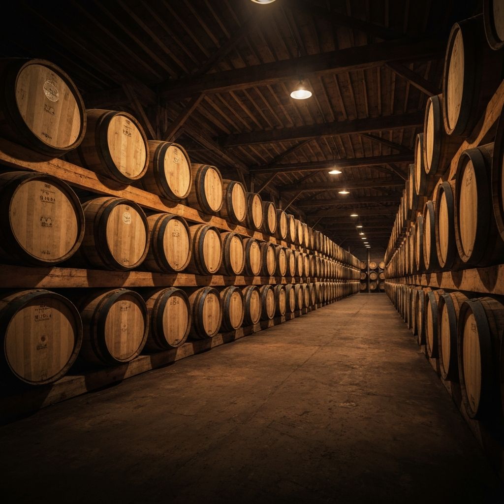 Beczki dębowe do dojrzewania whisky w destylarni